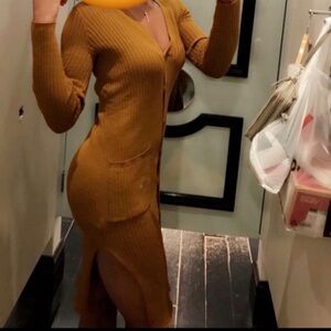 Long sleeve, nude, ribbed knit, button down dress/cardigan with side split​